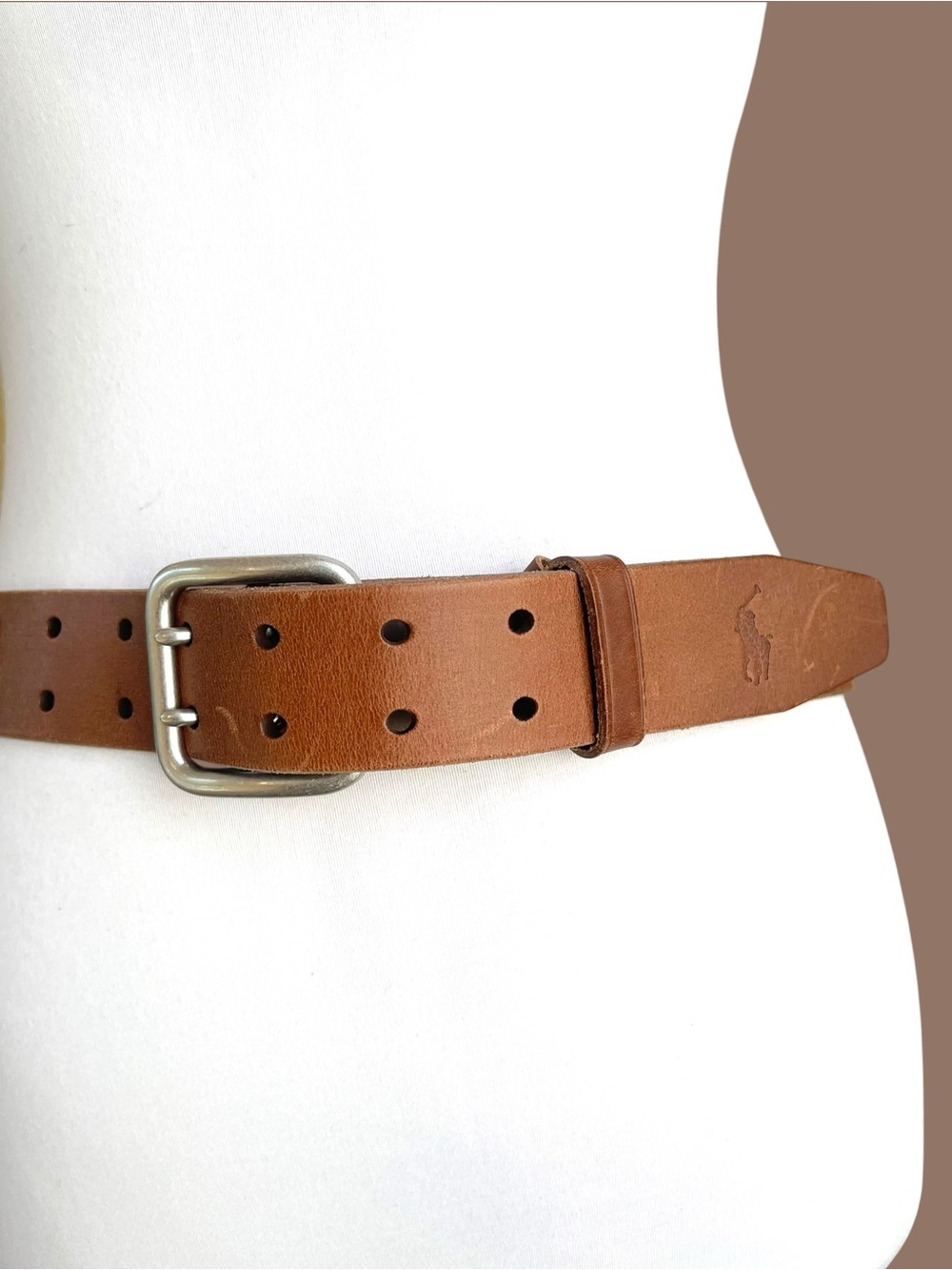 Polo Ralph Lauren Brown Leather Double Prong Buckle Belt Embossed Pony Logo 32